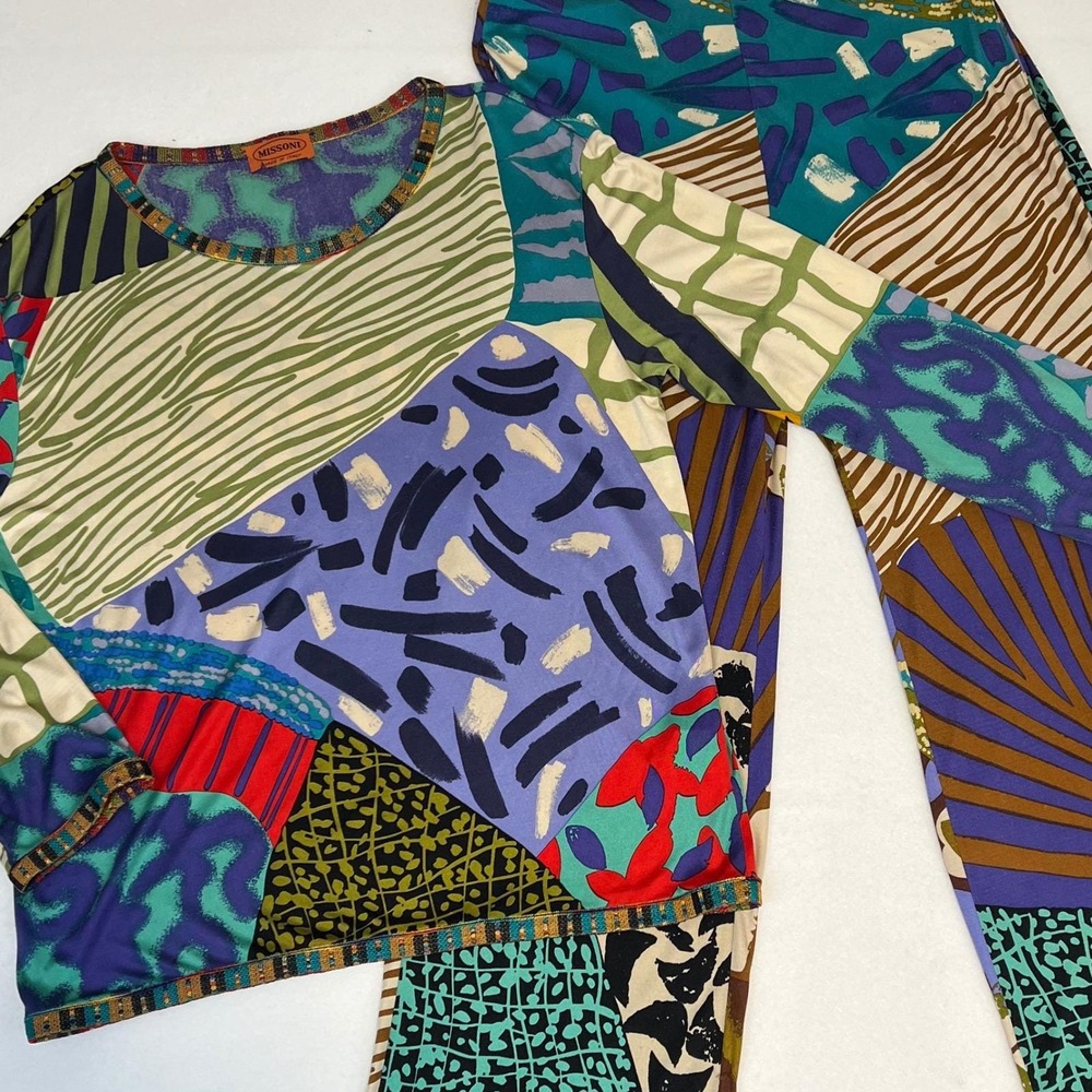 Missoni Silk Jersey Patchwork Knit Top Pants Set Vibrant Late 80s VTG 46/12–14 - Picture 4 of 12